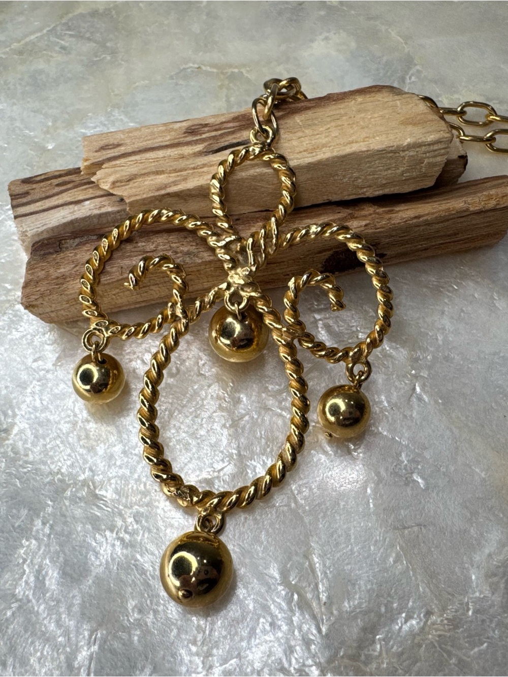 Gold Tone Twisted Rope & Dangling Ball Statement Necklace Retro Costume Jewelry